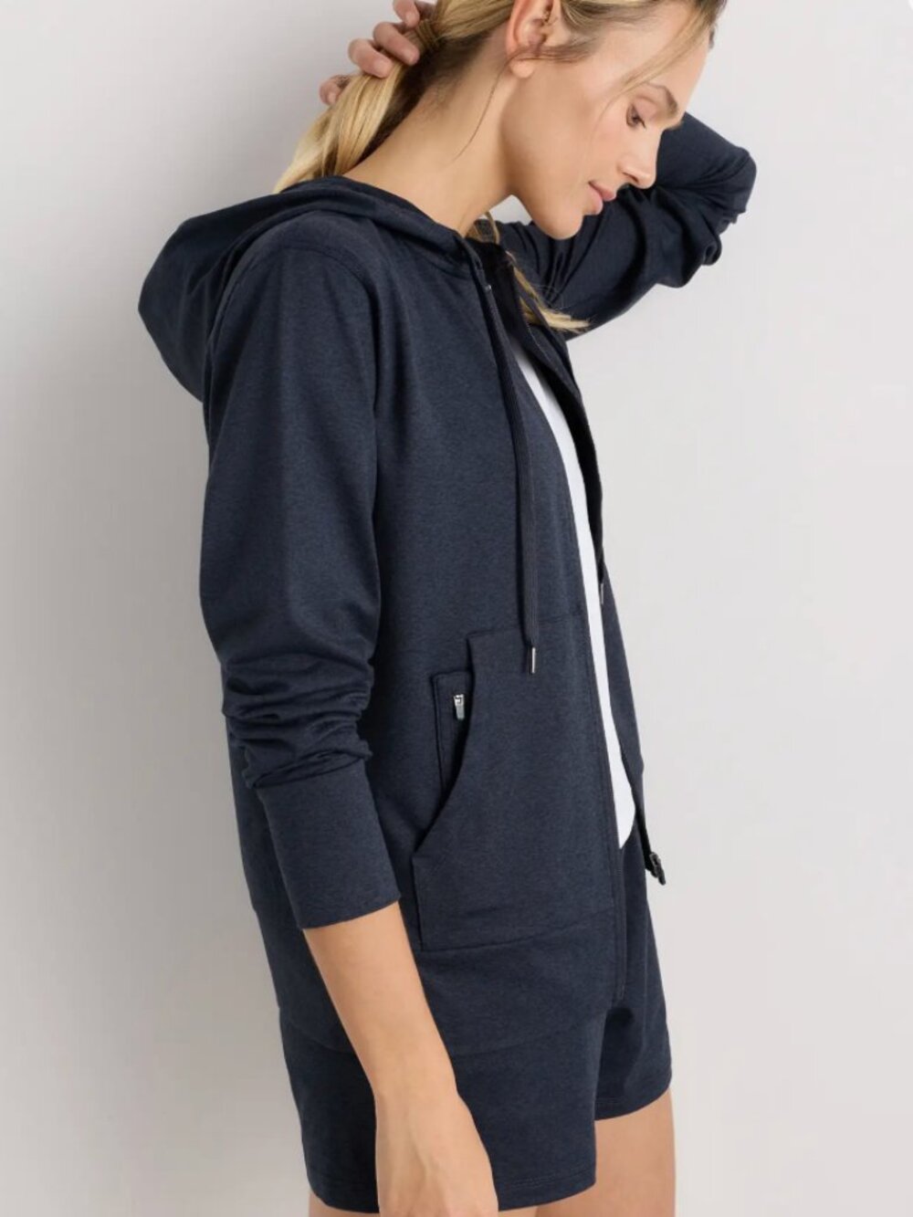 Quince Flowknit Full-Zip Hoodie Heather Deep Navy w/ pockets. Medium